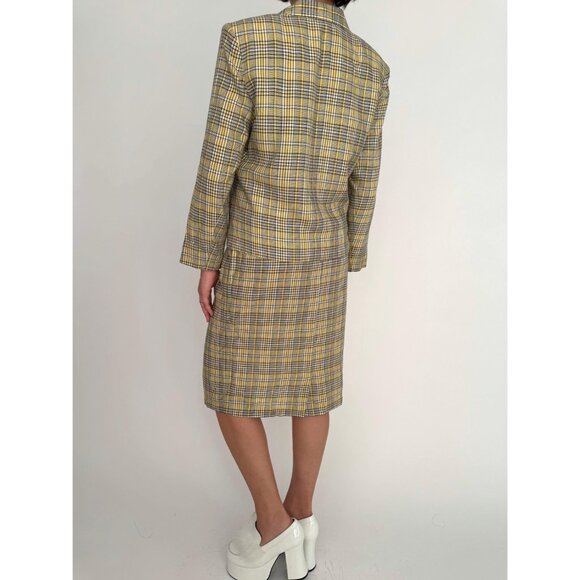 90s vintage yellow tartan plaid Clueless blazer pencil skirt matching suit set - Picture 3 of 9
